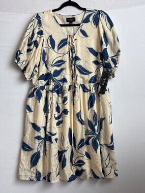 Floral‎ Linen Blend Midi Dress Blue Ivory Tie-Front Boho Size M NWT
